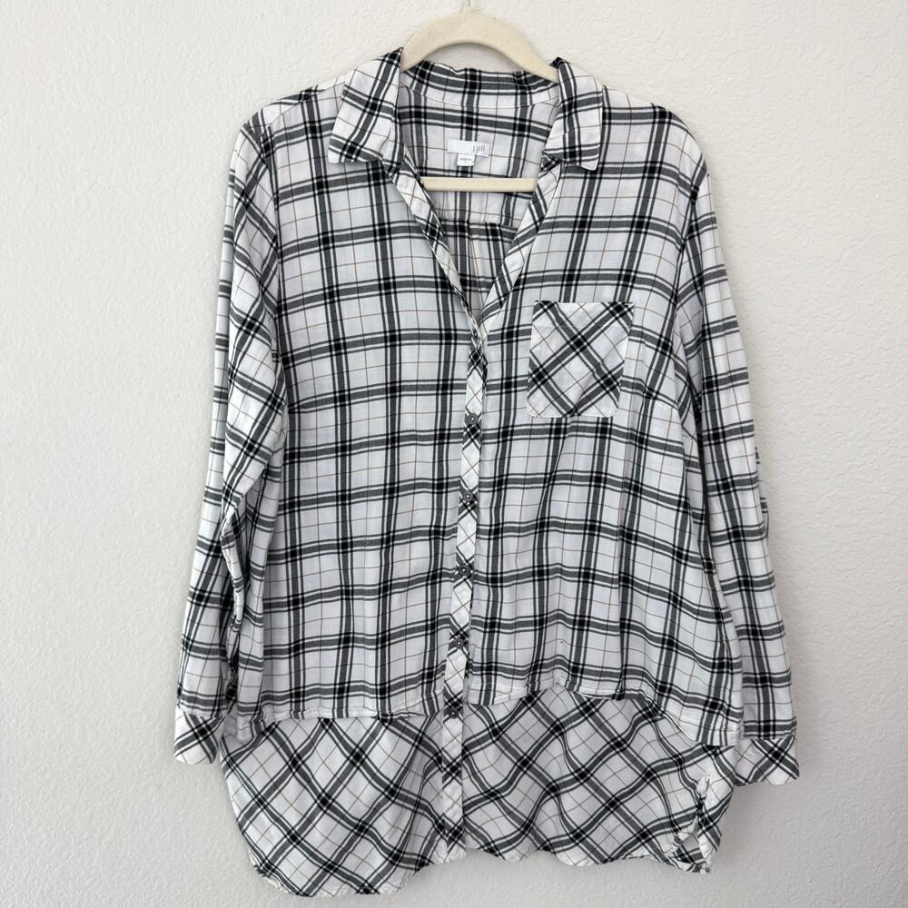 J. Jill Womens Button Front Shirt Top Size L Plaid 100% Cotton Twill White